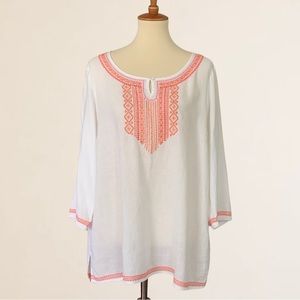 J. Jill Embroidered Linen Rayon Blend Keyhole Button Pullover Tunic